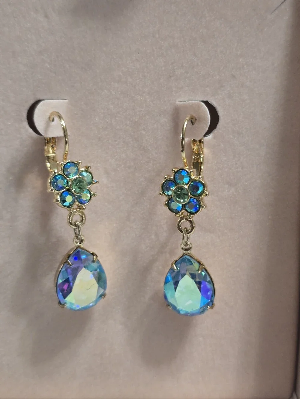 Kirks Folly Gold-Tone Blue Green Floral Aurora Crystal Teardrop Dangle Earrings - Picture 3 of 9